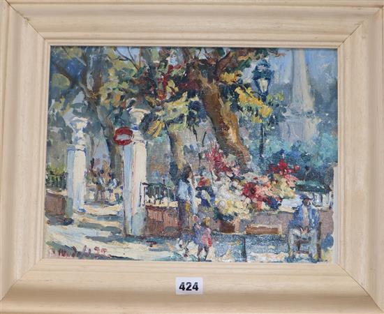 French School, oil on board, Figures beside a flower market, indistinctly signed and dated 35, 26 x 34cm